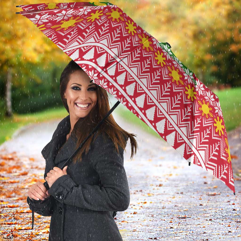 Philippines Christmas Umbrella with Red-Green Plaid Design, Yellow Lion, and National Coat of Arms Motif - Wonder Print Shop