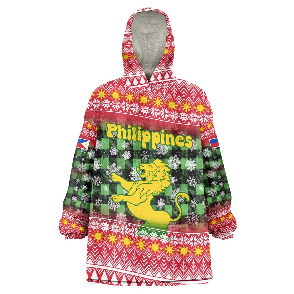 Philippines Christmas Wearable Blanket Hoodie with Red-Green Plaid Design, Yellow Lion, and National Coat of Arms Motif - Wonder Print Shop