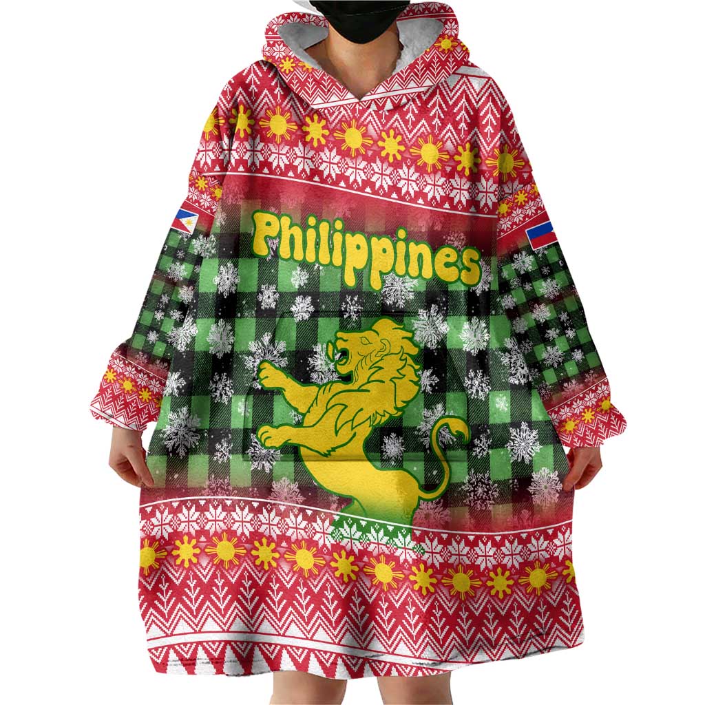 Philippines Christmas Wearable Blanket Hoodie with Red-Green Plaid Design, Yellow Lion, and National Coat of Arms Motif - Wonder Print Shop