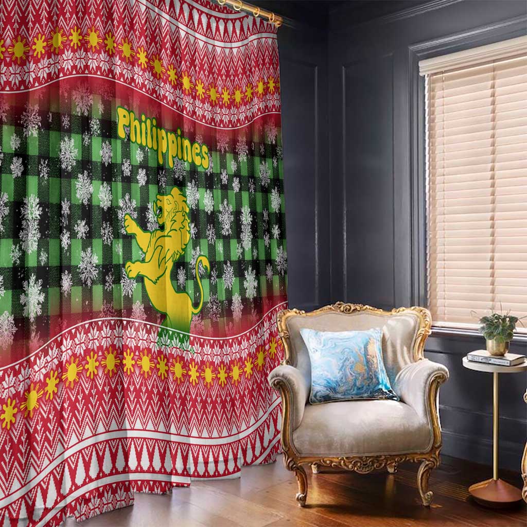 Philippines Christmas Window Curtain with Red-Green Plaid Design, Yellow Lion, and National Coat of Arms Motif - Wonder Print Shop