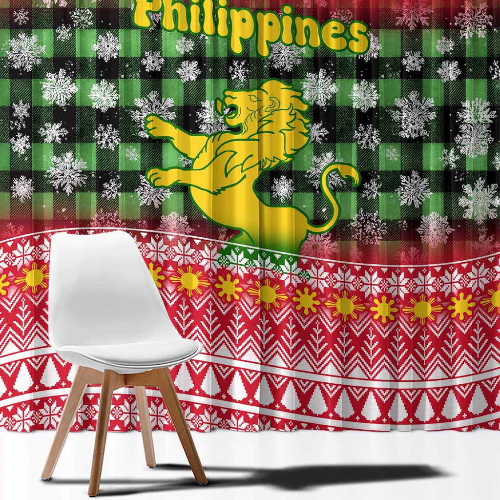 Philippines Christmas Window Curtain with Red-Green Plaid Design, Yellow Lion, and National Coat of Arms Motif - Wonder Print Shop
