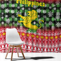 Philippines Christmas Window Curtain with Red-Green Plaid Design, Yellow Lion, and National Coat of Arms Motif - Wonder Print Shop