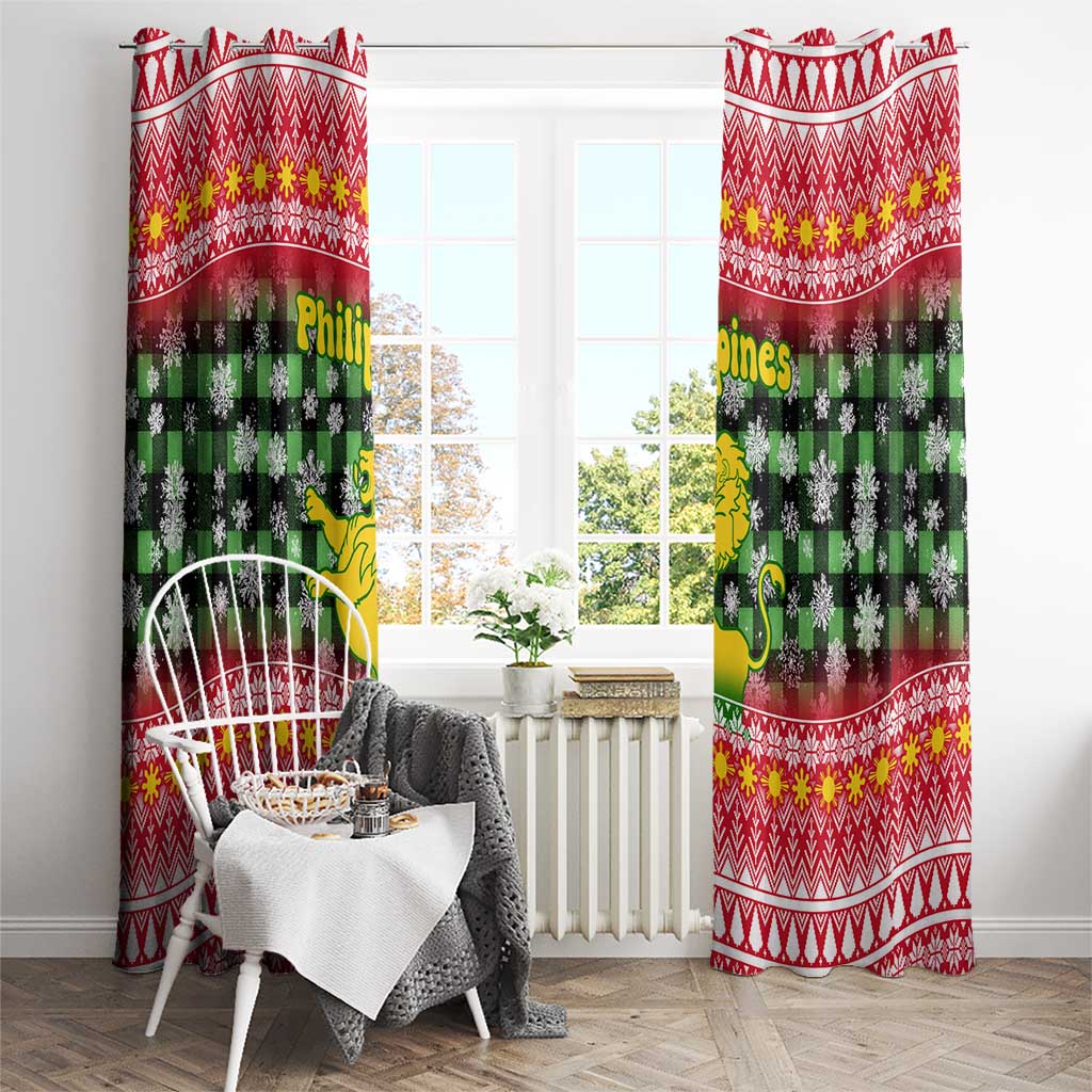 Philippines Christmas Window Curtain with Red-Green Plaid Design, Yellow Lion, and National Coat of Arms Motif - Wonder Print Shop