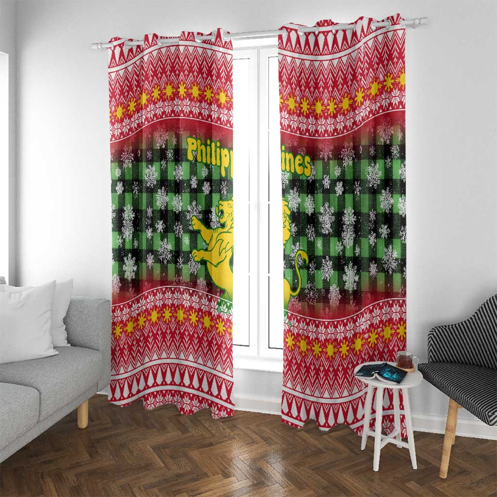 Philippines Christmas Window Curtain with Red-Green Plaid Design, Yellow Lion, and National Coat of Arms Motif - Wonder Print Shop