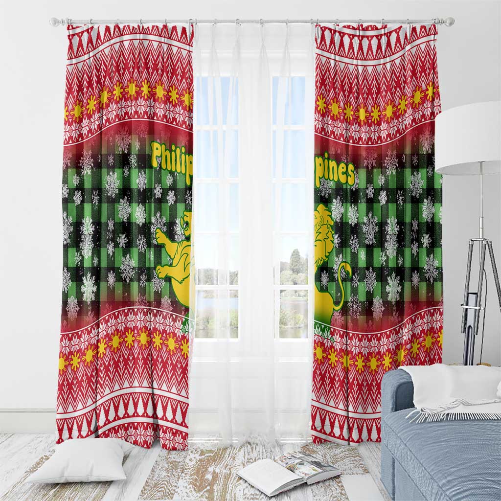 Philippines Christmas Window Curtain with Red-Green Plaid Design, Yellow Lion, and National Coat of Arms Motif - Wonder Print Shop