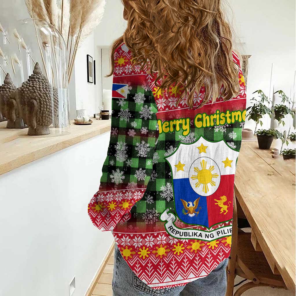 Philippines Christmas Women Casual Shirt with Red-Green Plaid Design, Yellow Lion, and National Coat of Arms Motif - Wonder Print Shop
