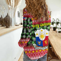 Philippines Christmas Women Casual Shirt with Red-Green Plaid Design, Yellow Lion, and National Coat of Arms Motif - Wonder Print Shop