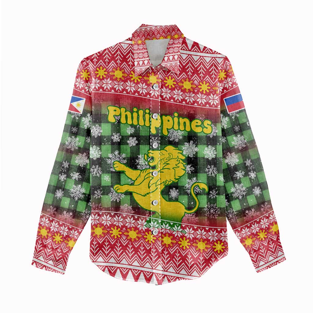 Philippines Christmas Women Casual Shirt with Red-Green Plaid Design, Yellow Lion, and National Coat of Arms Motif - Wonder Print Shop