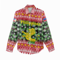 Philippines Christmas Women Casual Shirt with Red-Green Plaid Design, Yellow Lion, and National Coat of Arms Motif - Wonder Print Shop