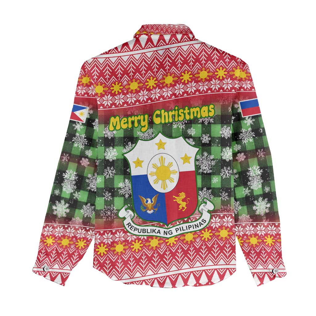 Philippines Christmas Women Casual Shirt with Red-Green Plaid Design, Yellow Lion, and National Coat of Arms Motif - Wonder Print Shop
