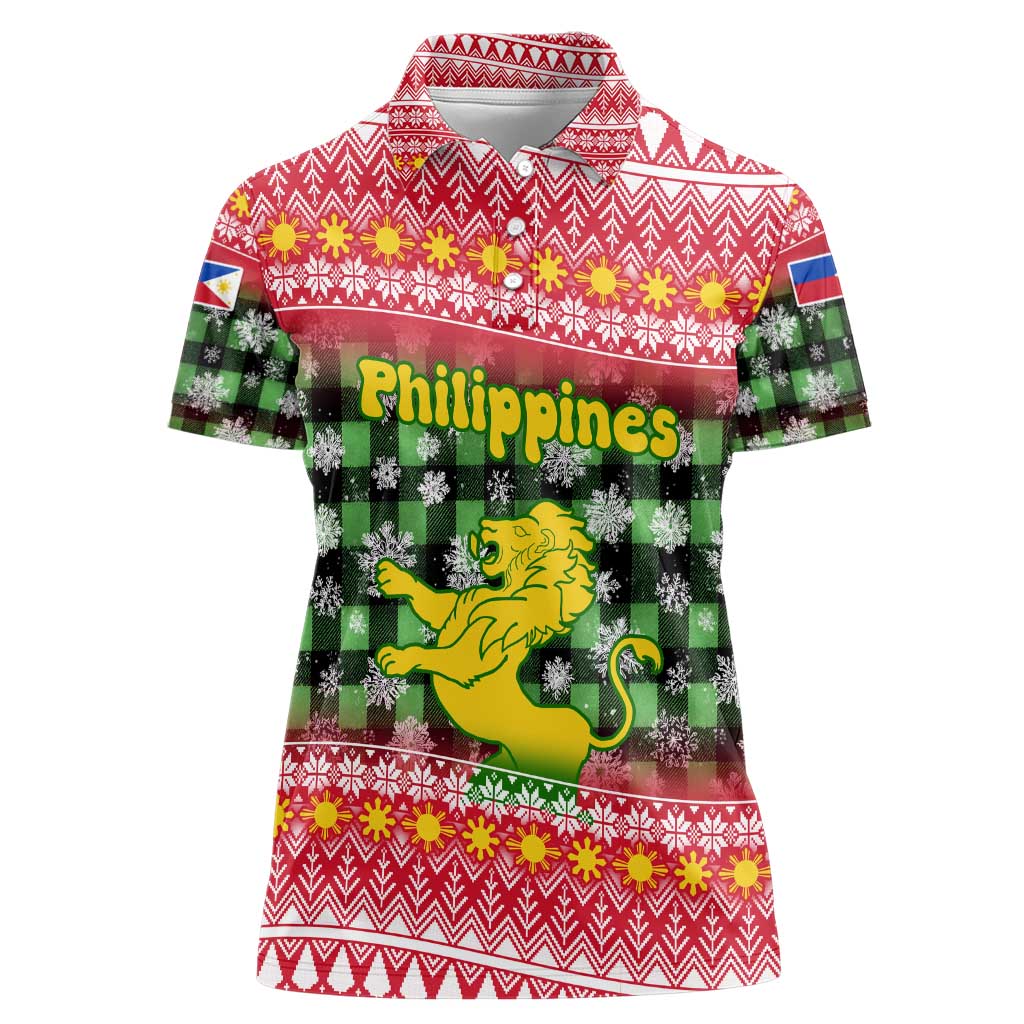 Philippines Christmas Women Polo Shirt with Red-Green Plaid Design, Yellow Lion, and National Coat of Arms Motif - Wonder Print Shop