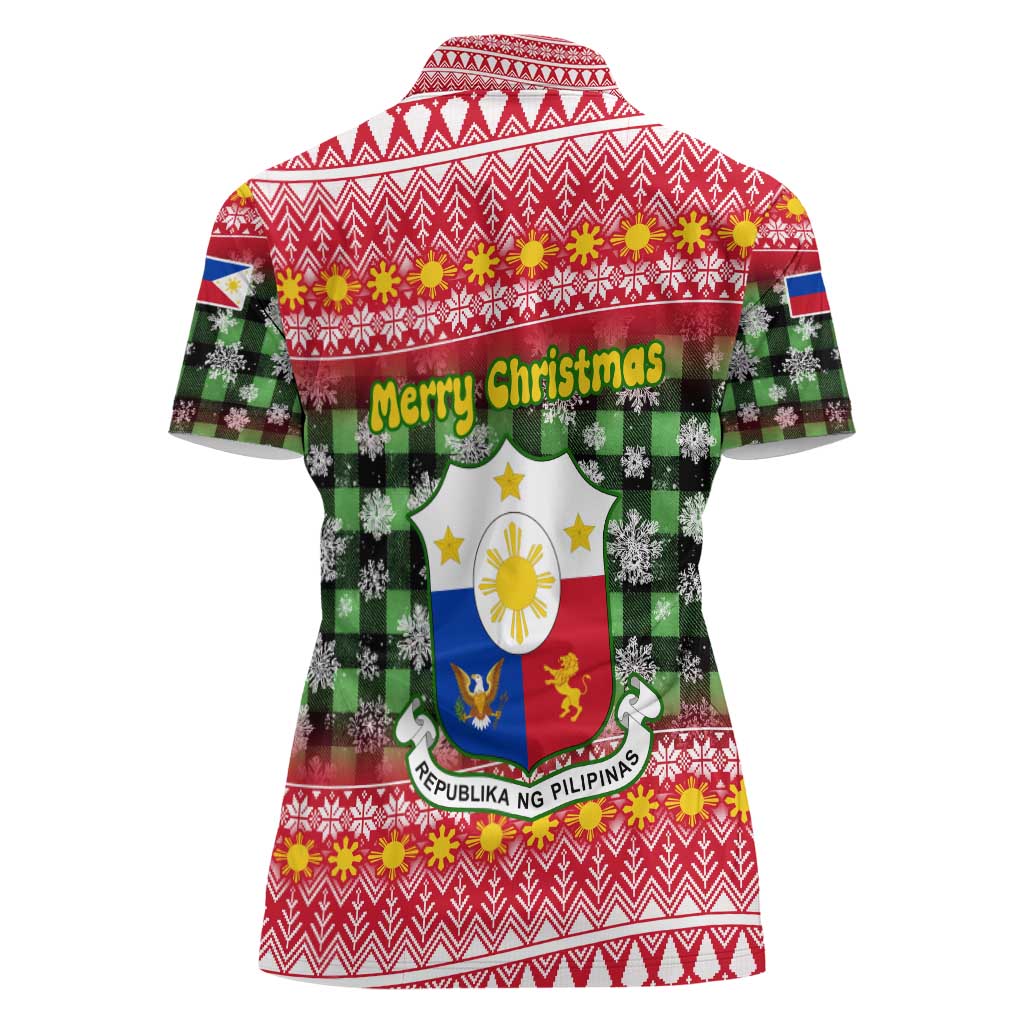 Philippines Christmas Women Polo Shirt with Red-Green Plaid Design, Yellow Lion, and National Coat of Arms Motif - Wonder Print Shop