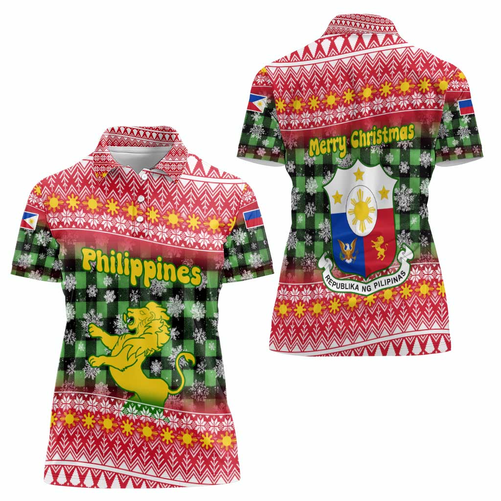 Philippines Christmas Women Polo Shirt with Red-Green Plaid Design, Yellow Lion, and National Coat of Arms Motif - Wonder Print Shop