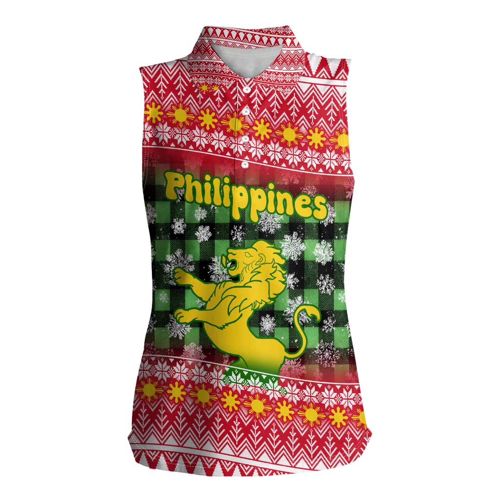 Philippines Christmas Women Sleeveless Polo Shirt with Red-Green Plaid Design, Yellow Lion, and National Coat of Arms Motif - Wonder Print Shop