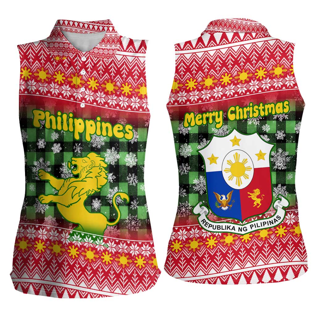 Philippines Christmas Women Sleeveless Polo Shirt with Red-Green Plaid Design, Yellow Lion, and National Coat of Arms Motif - Wonder Print Shop