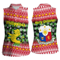 Philippines Christmas Women Sleeveless Polo Shirt with Red-Green Plaid Design, Yellow Lion, and National Coat of Arms Motif - Wonder Print Shop