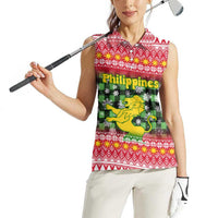 Philippines Christmas Women Sleeveless Polo Shirt with Red-Green Plaid Design, Yellow Lion, and National Coat of Arms Motif - Wonder Print Shop