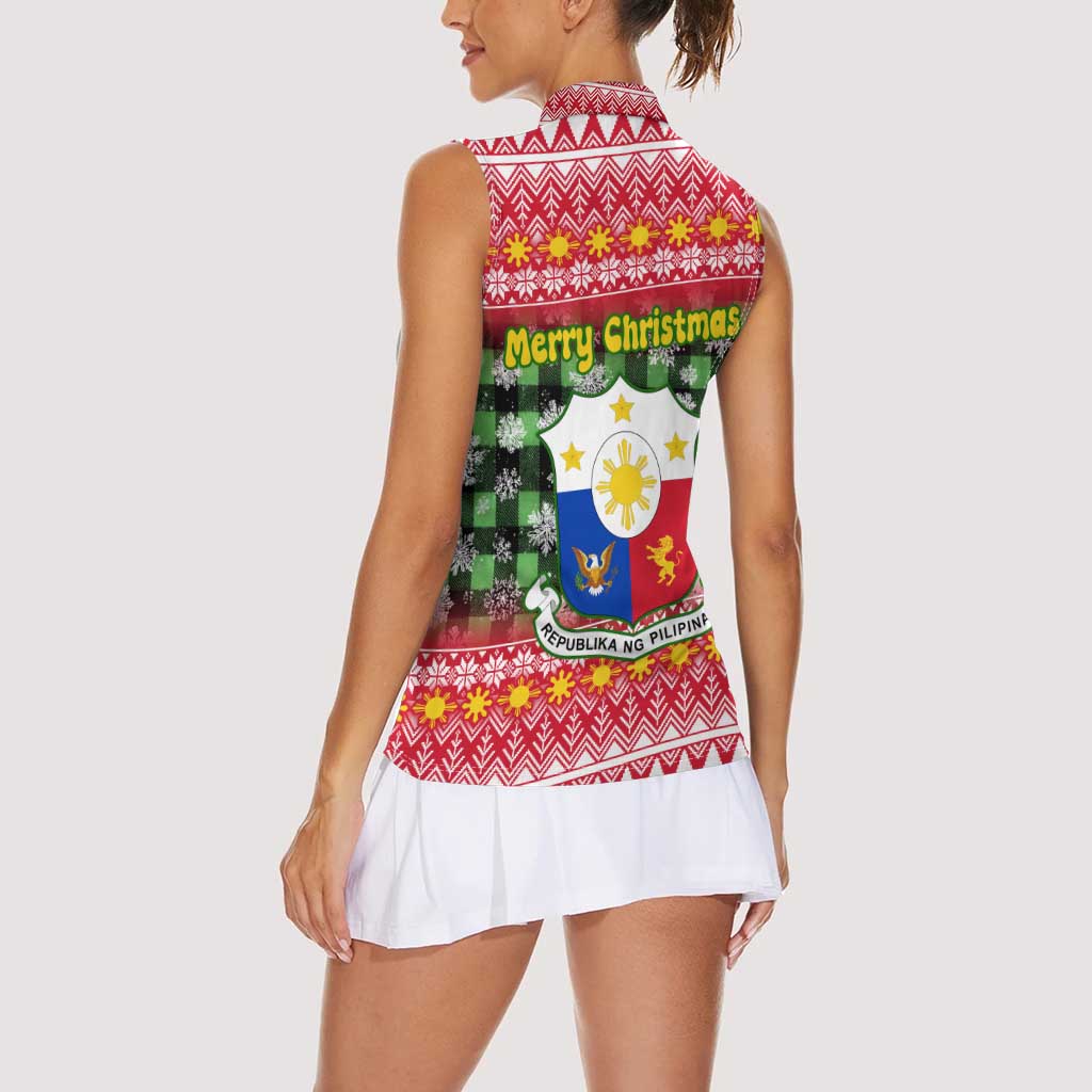 Philippines Christmas Women Sleeveless Polo Shirt with Red-Green Plaid Design, Yellow Lion, and National Coat of Arms Motif - Wonder Print Shop