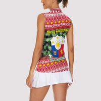 Philippines Christmas Women Sleeveless Polo Shirt with Red-Green Plaid Design, Yellow Lion, and National Coat of Arms Motif - Wonder Print Shop