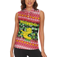 Philippines Christmas Women Sleeveless Polo Shirt with Red-Green Plaid Design, Yellow Lion, and National Coat of Arms Motif - Wonder Print Shop