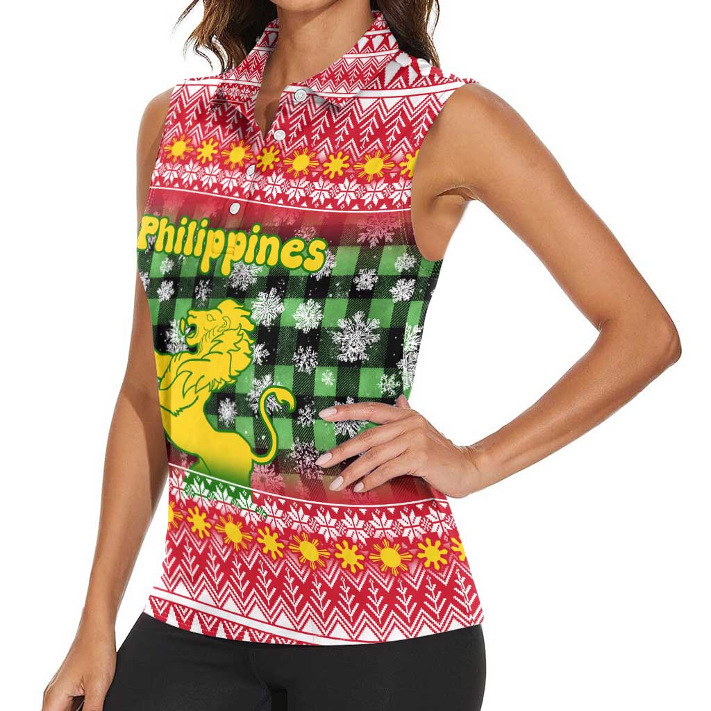 Philippines Christmas Women Sleeveless Polo Shirt with Red-Green Plaid Design, Yellow Lion, and National Coat of Arms Motif - Wonder Print Shop