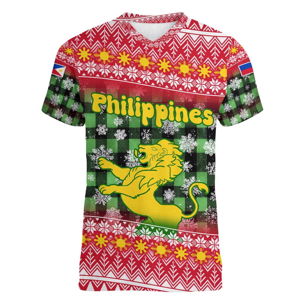 Philippines Christmas Women V-Neck T-Shirt with Red-Green Plaid Design, Yellow Lion, and National Coat of Arms Motif - Wonder Print Shop