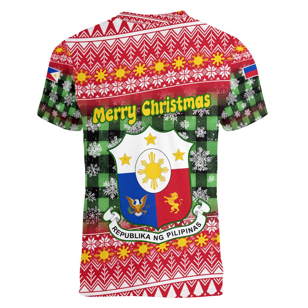 Philippines Christmas Women V-Neck T-Shirt with Red-Green Plaid Design, Yellow Lion, and National Coat of Arms Motif - Wonder Print Shop