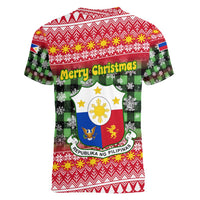 Philippines Christmas Women V-Neck T-Shirt with Red-Green Plaid Design, Yellow Lion, and National Coat of Arms Motif - Wonder Print Shop
