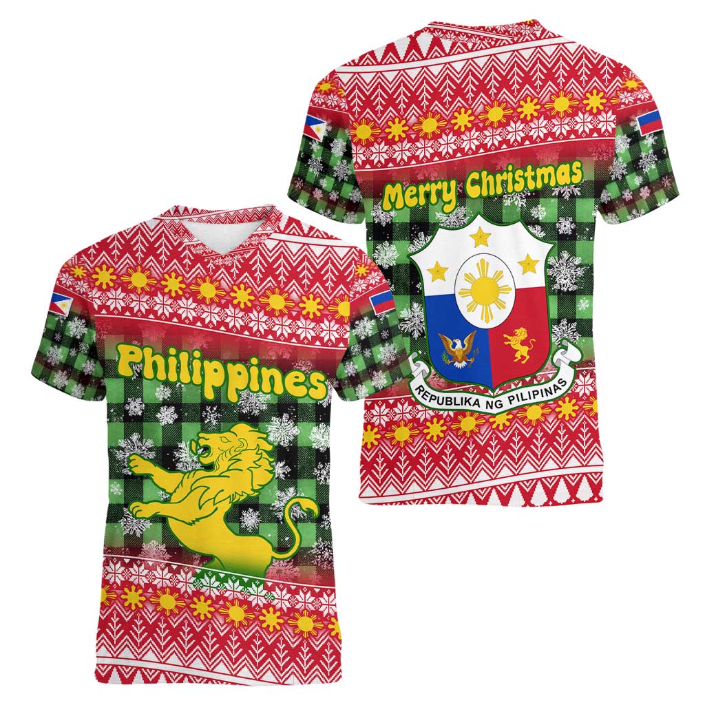 Philippines Christmas Women V-Neck T-Shirt with Red-Green Plaid Design, Yellow Lion, and National Coat of Arms Motif - Wonder Print Shop
