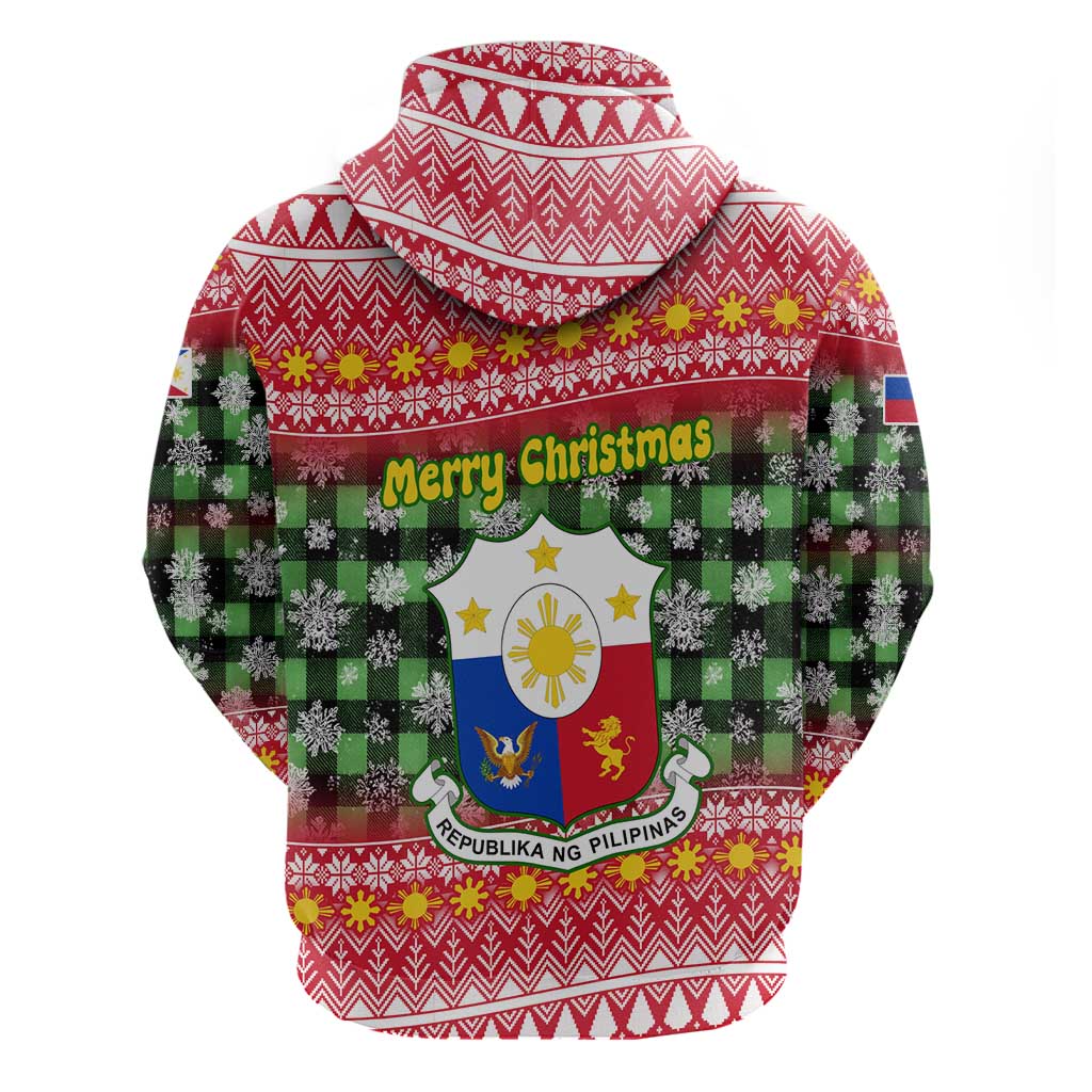 Philippines Christmas Zip Hoodie with Red-Green Plaid Design, Yellow Lion, and National Coat of Arms Motif - Wonder Print Shop