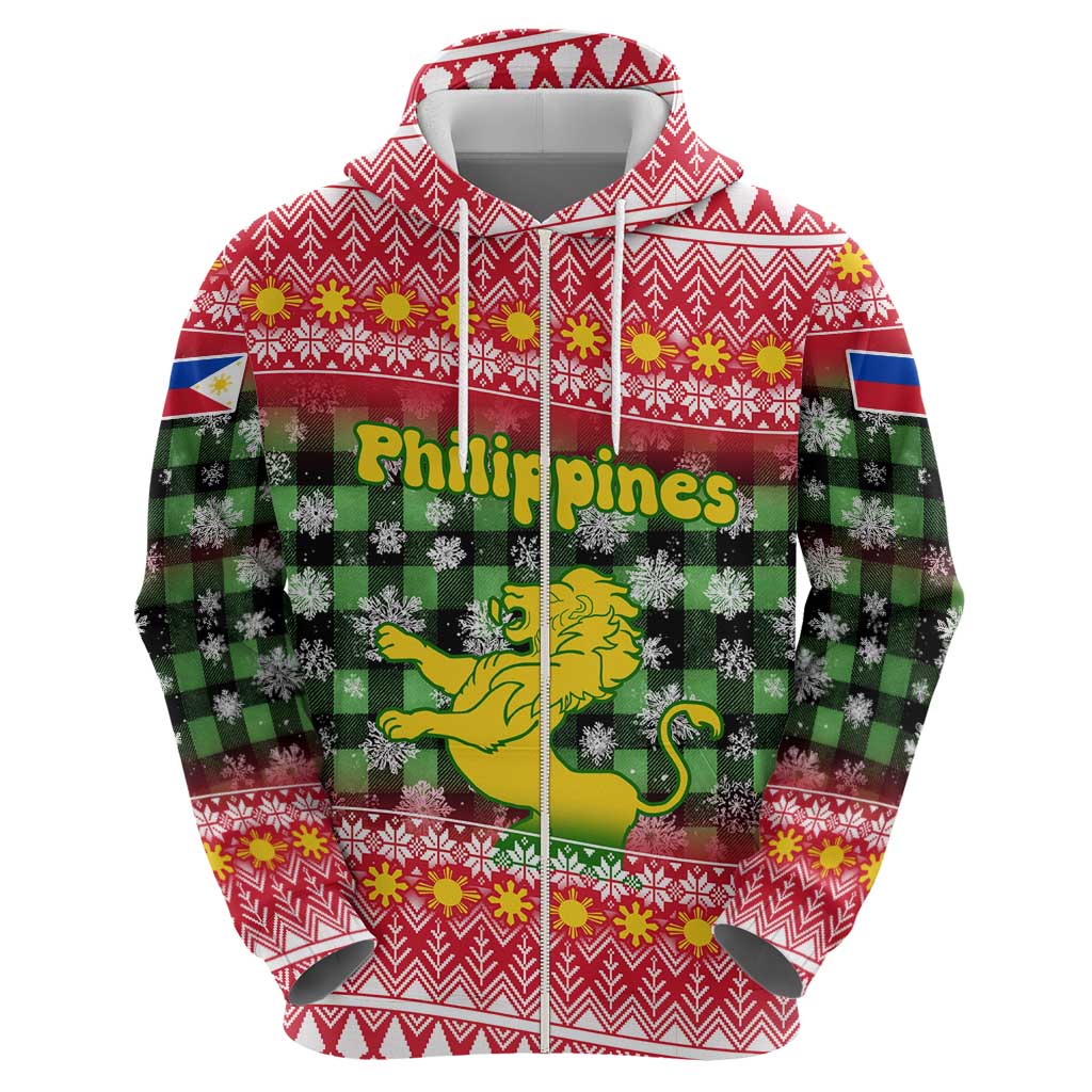 Philippines Christmas Zip Hoodie with Red-Green Plaid Design, Yellow Lion, and National Coat of Arms Motif - Wonder Print Shop