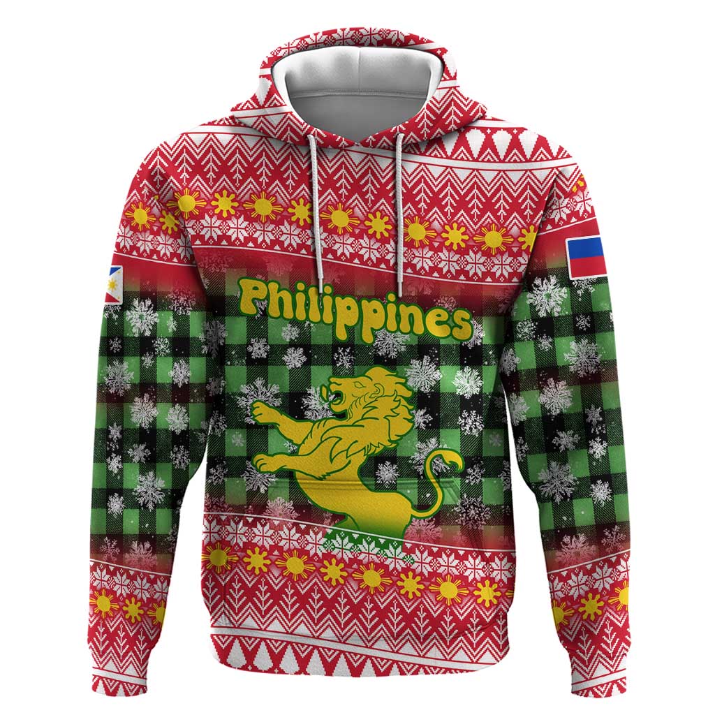 Philippines Christmas Zip Hoodie with Red-Green Plaid Design, Yellow Lion, and National Coat of Arms Motif - Wonder Print Shop