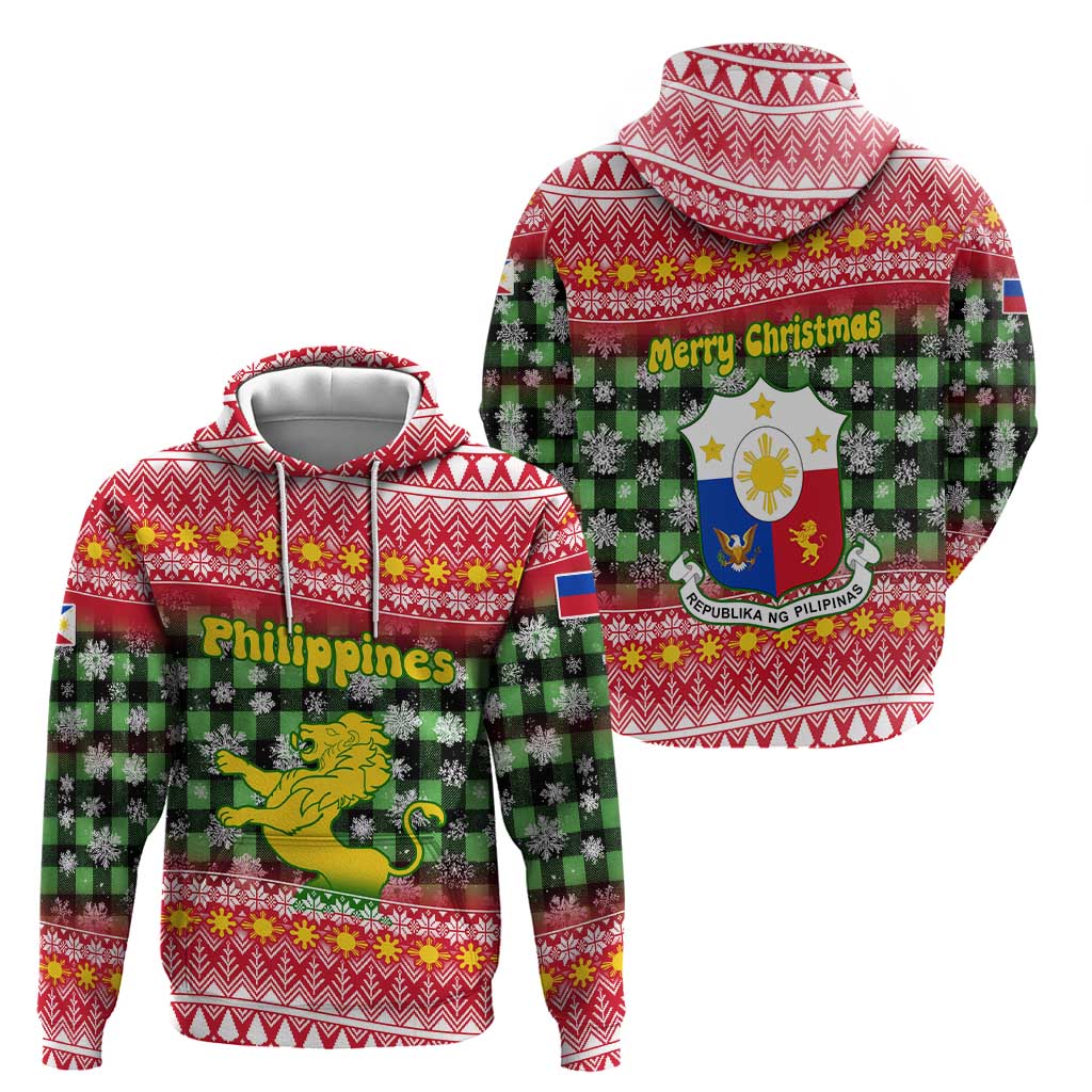 Philippines Christmas Zip Hoodie with Red-Green Plaid Design, Yellow Lion, and National Coat of Arms Motif - Wonder Print Shop