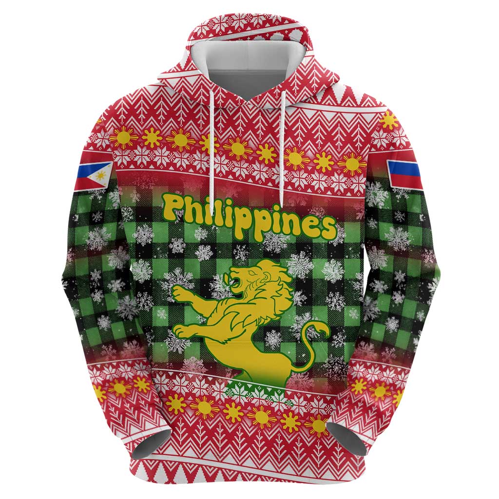 Philippines Christmas Zip Hoodie with Red-Green Plaid Design, Yellow Lion, and National Coat of Arms Motif - Wonder Print Shop