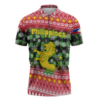 Philippines Christmas Zipper Polo Shirt with Red-Green Plaid Design, Yellow Lion, and National Coat of Arms Motif - Wonder Print Shop