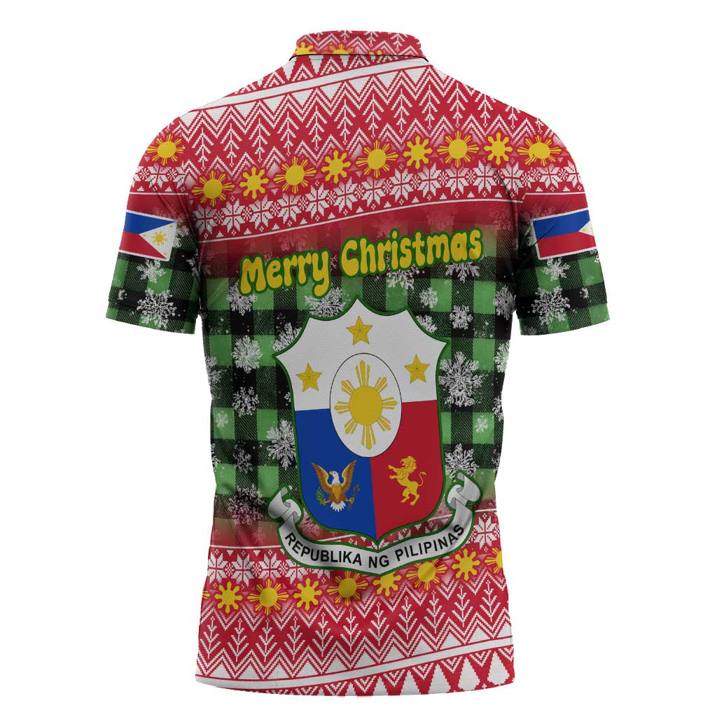 Philippines Christmas Zipper Polo Shirt with Red-Green Plaid Design, Yellow Lion, and National Coat of Arms Motif - Wonder Print Shop