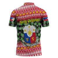 Philippines Christmas Zipper Polo Shirt with Red-Green Plaid Design, Yellow Lion, and National Coat of Arms Motif - Wonder Print Shop