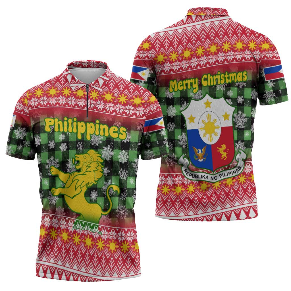 Philippines Christmas Zipper Polo Shirt with Red-Green Plaid Design, Yellow Lion, and National Coat of Arms Motif - Wonder Print Shop