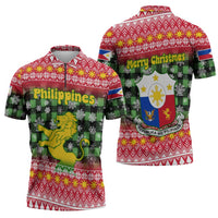 Philippines Christmas Zipper Polo Shirt with Red-Green Plaid Design, Yellow Lion, and National Coat of Arms Motif - Wonder Print Shop