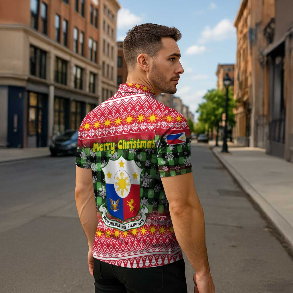Philippines Christmas Zipper Polo Shirt with Red-Green Plaid Design, Yellow Lion, and National Coat of Arms Motif - Wonder Print Shop