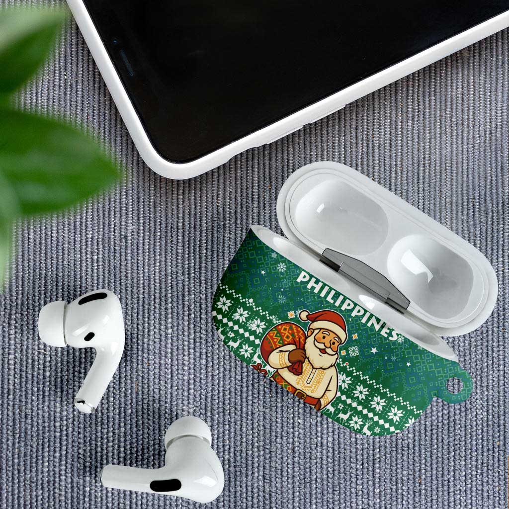 Philippines Christmas AirPods Case with Green Geometric Design, Santa in Barong Tagalog, and National Coat of Arms Motif - Wonder Print Shop