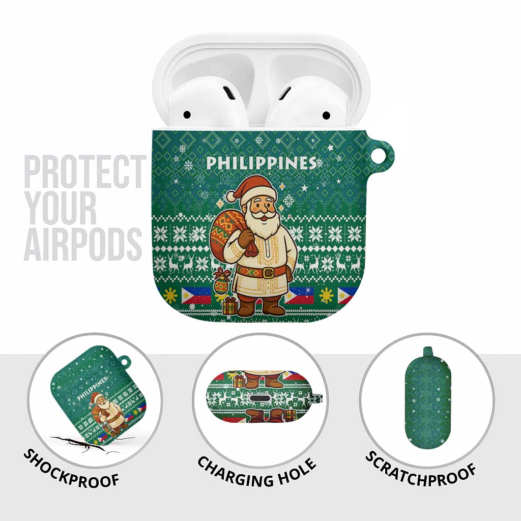 Philippines Christmas AirPods Case with Green Geometric Design, Santa in Barong Tagalog, and National Coat of Arms Motif - Wonder Print Shop