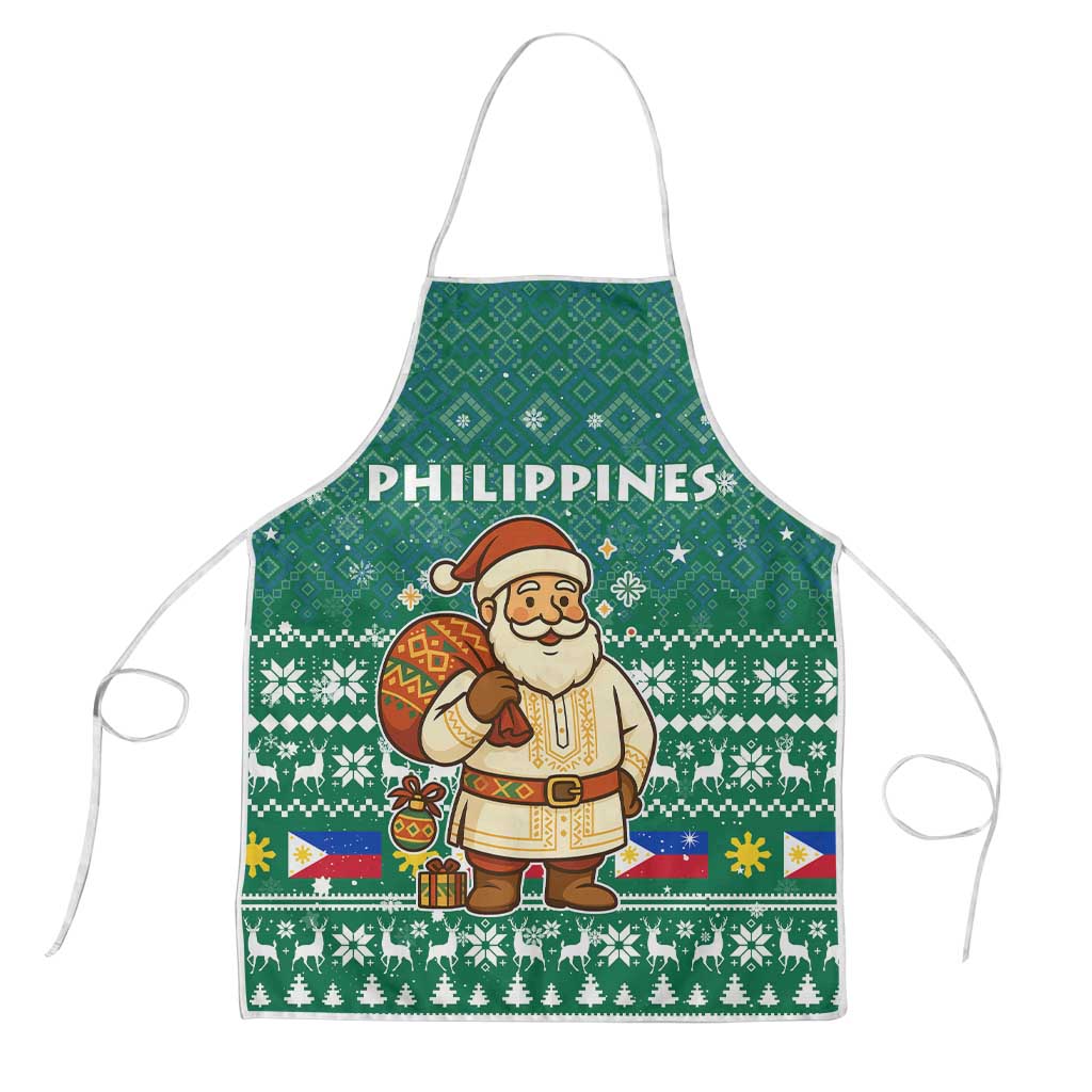 Philippines Christmas Apron with Green Geometric Design, Santa in Barong Tagalog, and National Coat of Arms Motif - Wonder Print Shop