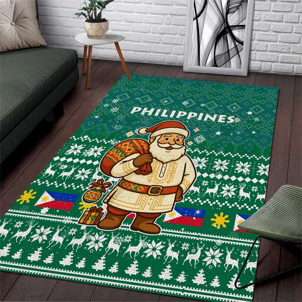 Philippines Christmas Area Rug with Green Geometric Design, Santa in Barong Tagalog, and National Coat of Arms Motif - Wonder Print Shop