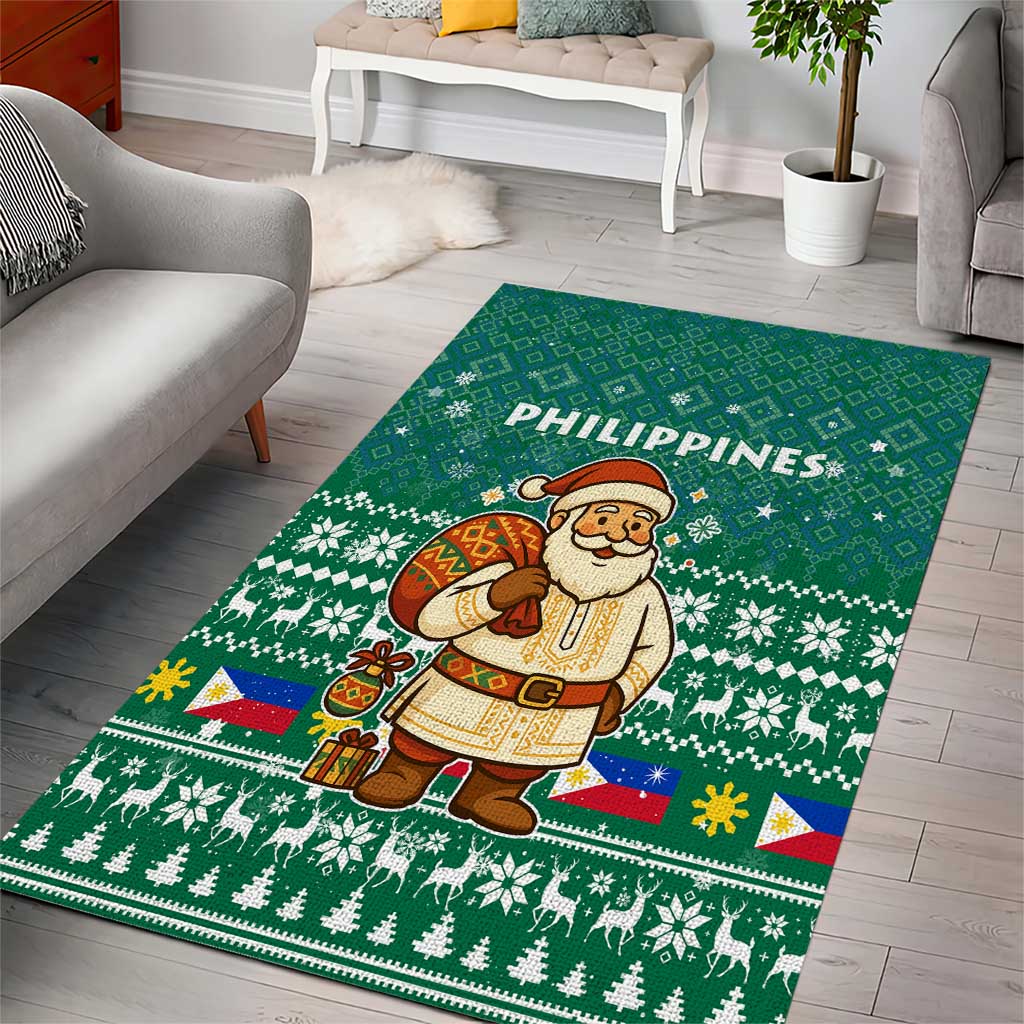Philippines Christmas Area Rug with Green Geometric Design, Santa in Barong Tagalog, and National Coat of Arms Motif - Wonder Print Shop