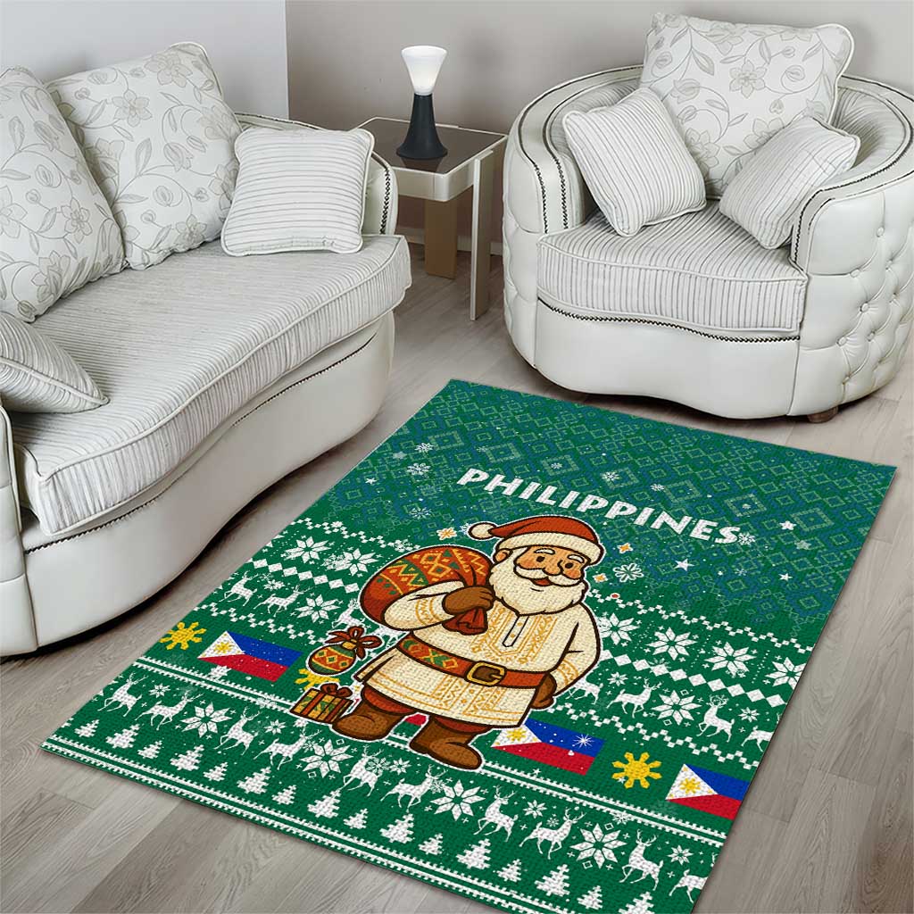Philippines Christmas Area Rug with Green Geometric Design, Santa in Barong Tagalog, and National Coat of Arms Motif - Wonder Print Shop