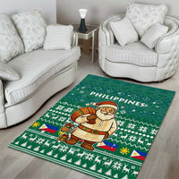 Philippines Christmas Area Rug with Green Geometric Design, Santa in Barong Tagalog, and National Coat of Arms Motif - Wonder Print Shop