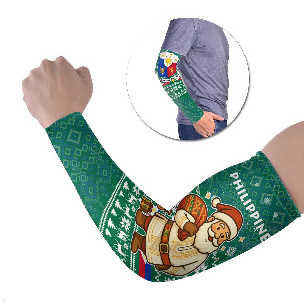 Philippines Christmas Arm Sleeves with Green Geometric Design, Santa in Barong Tagalog, and National Coat of Arms Motif - Wonder Print Shop