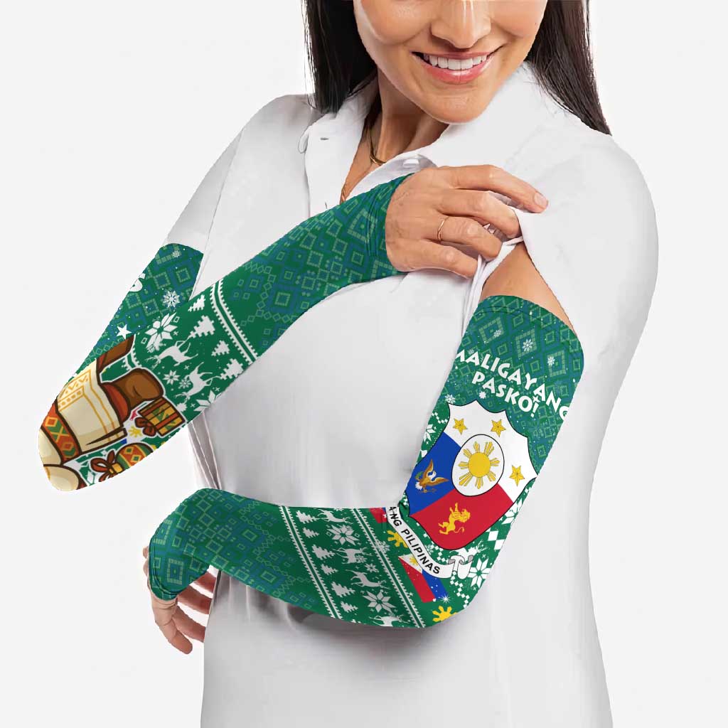 Philippines Christmas Arm Sleeves with Green Geometric Design, Santa in Barong Tagalog, and National Coat of Arms Motif - Wonder Print Shop