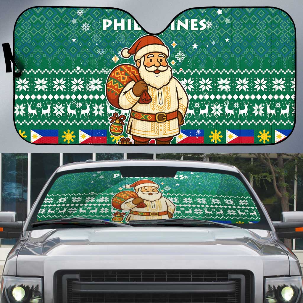 Philippines Christmas Auto Sun Shade with Green Geometric Design, Santa in Barong Tagalog, and National Coat of Arms Motif - Wonder Print Shop